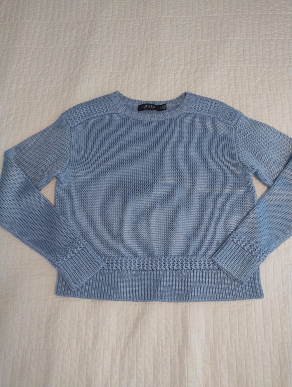 Lauren Ralph Lauren Sweater Womens L Light Blue Ribbed Knit Sheen Heavy Cropped